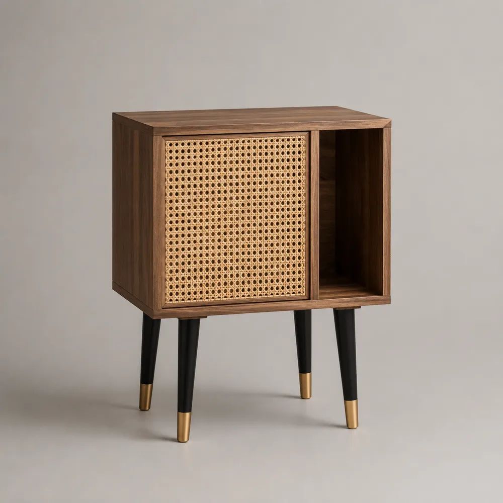 Nachttisch mit Schiebetür aus MDF, Holz, Rattan und Metall, Braun/Natur/Schwarz/Messingfarben, 60 × 40 × 70 cm