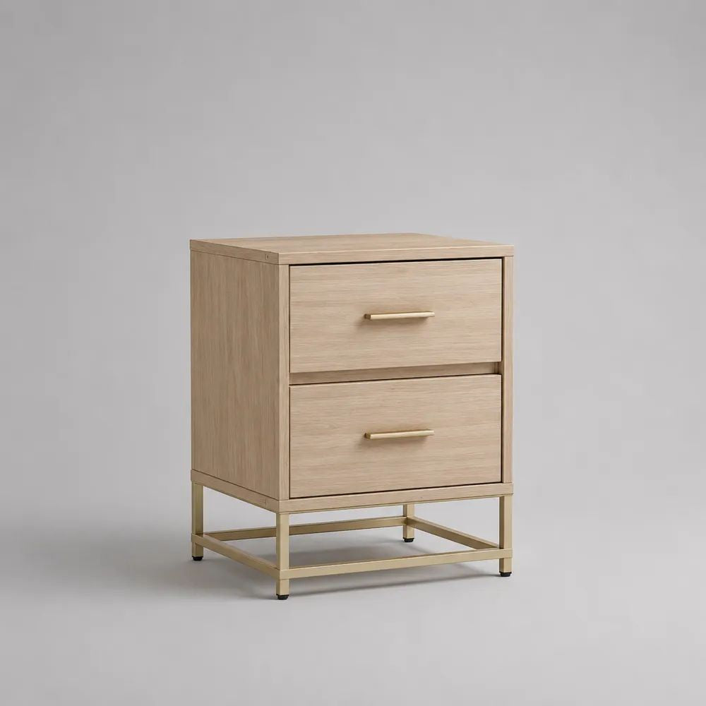 Nachttisch mit 2 Schubladen, MDF mit Eichenfurnier und Stahlgestell, Natur/Champagner, 45 × 40 × 65 cm