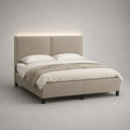 Polsterbett Doppelbett mit Samtbezug, Lattenrost und Ziernagel-Kopfteil, Beige, 180 × 200 cm
