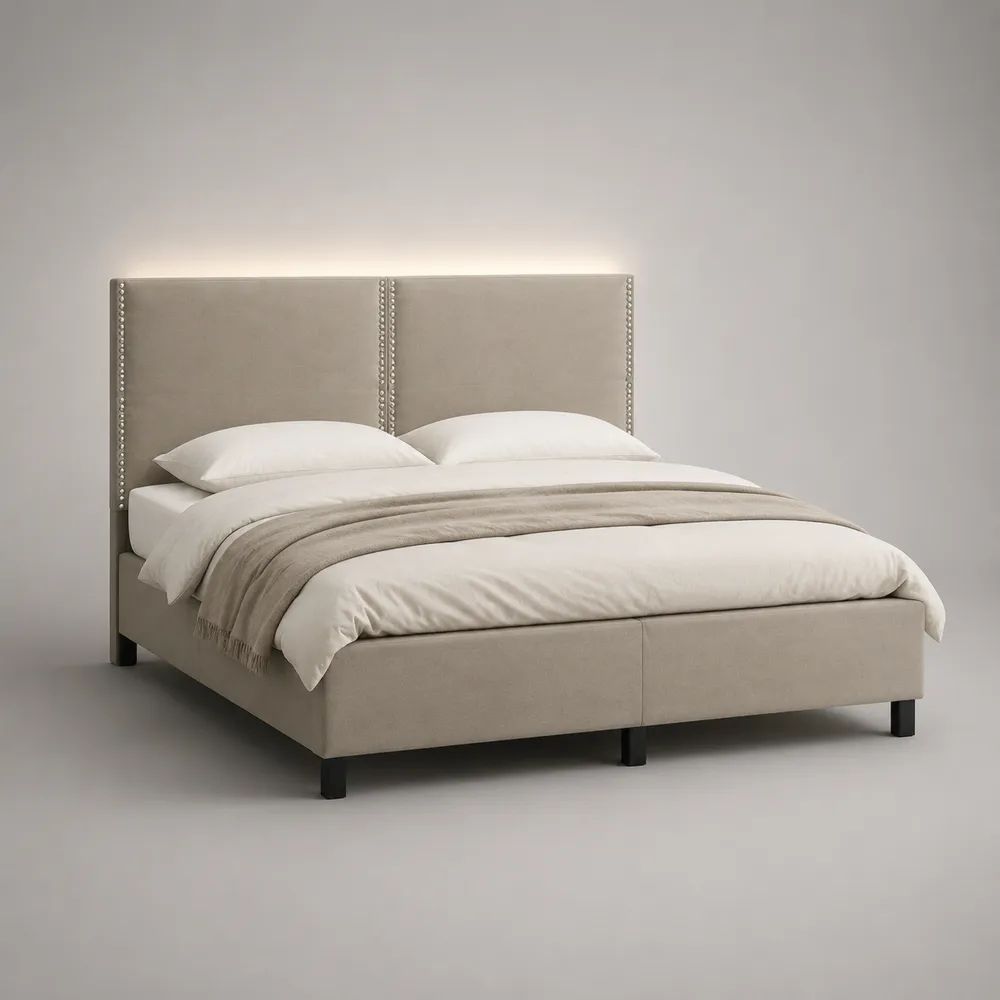 Polsterbett Doppelbett mit Samtbezug, Lattenrost und Ziernagel-Kopfteil, Beige, 180 × 200 cm
