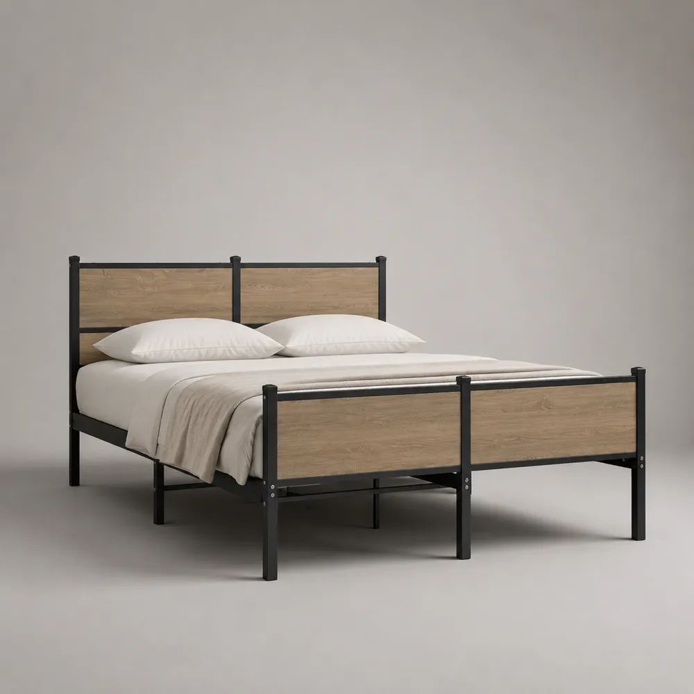 Doppelbettgestell aus pulverbeschichtetem Stahl und MDF mit Kopf- und Fußteil, 160 × 200 cm, Schwarz/Eichefarben