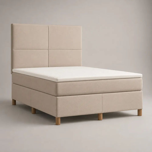 Boxspringbett-Komplettset mit Taschenfederkernmatratze und Topper, Polyester-Velours, Beige/Naturbraun, Liegefläche 180 × 200 cm
