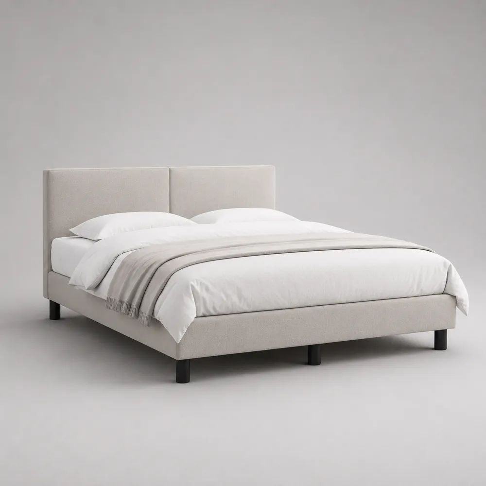 Polsterbett Doppelbett 180 x 200 cm mit Stoffbezug, Lattenrost und geteiltem Kopfteil, Beige/Schwarz