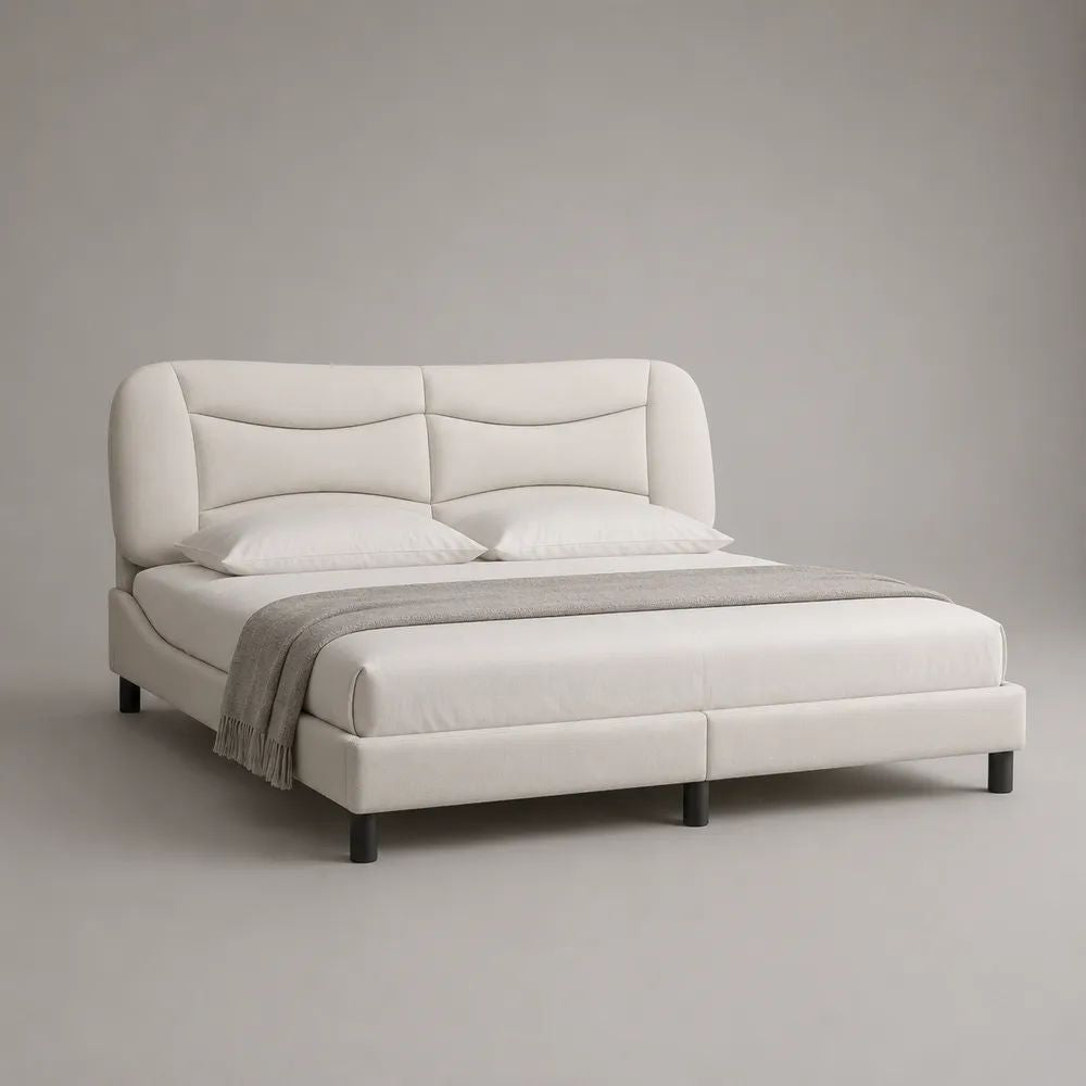 Polsterbett Doppelbett mit Lattenrost und Flügelkopfteil aus Polyester, Cremeweiß/Schwarz, Liegefläche 180 x 200 cm, Gesamtmaß 208 x 220 x 120 cm