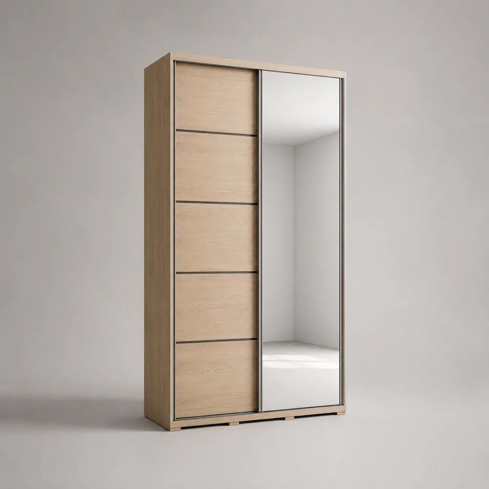2-türiger Schwebetürenschrank mit Spiegel aus melaminharzbeschichteter Spanplatte, Hellbraun/Silber, 120 × 60 × 200 cm