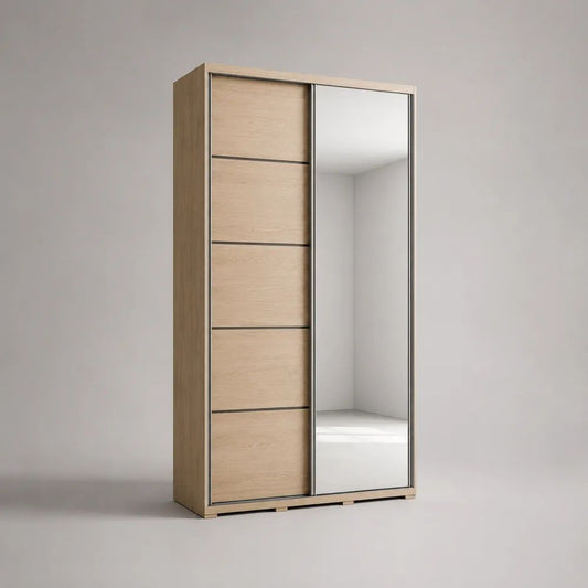 2-türiger Schwebetürenschrank mit Spiegel aus melaminharzbeschichteter Spanplatte, Hellbraun/Silber, 120 × 60 × 200 cm