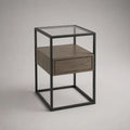 Rechteckiger Nachttisch mit Schublade aus MDF, Stahl und Glas, Braun/Schwarz/Transparent, 45 x 40 x 60 cm