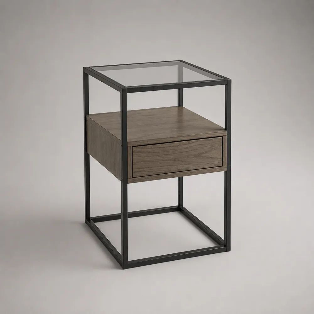 Rechteckiger Nachttisch mit Schublade aus MDF, Stahl und Glas, Braun/Schwarz/Transparent, 45 x 40 x 60 cm