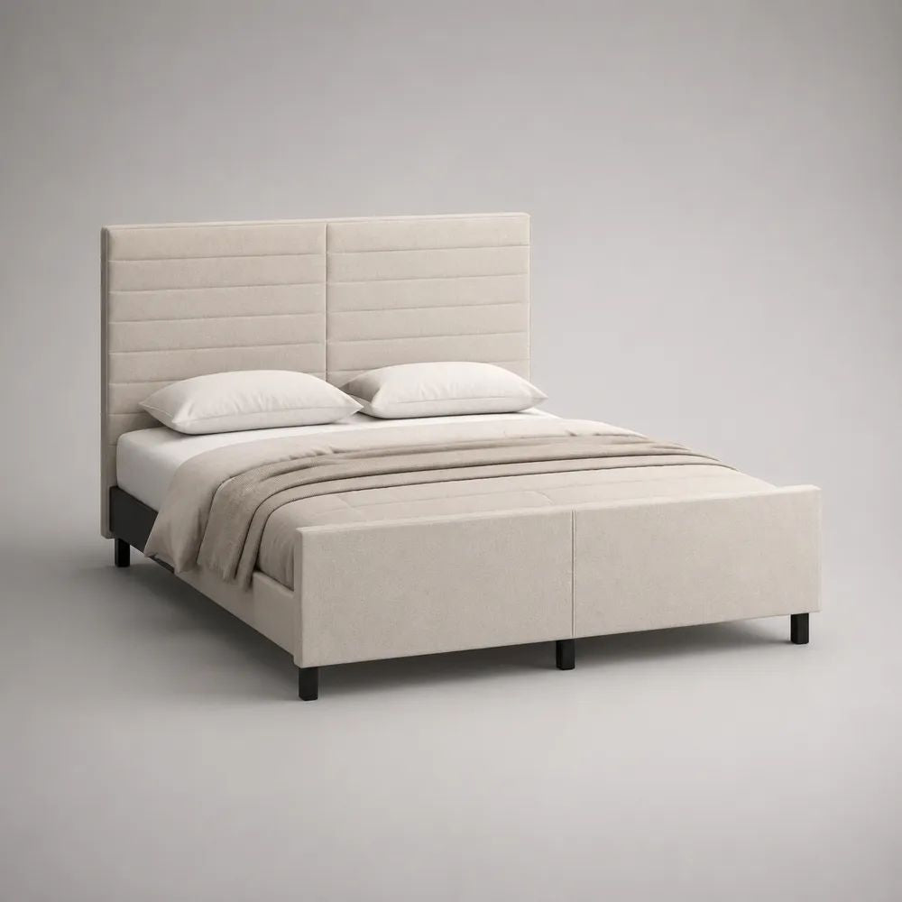 Doppelbett Polsterbett mit hohem Kopfteil und Polyesterbezug, Cremeweiß/Schwarz, Liegefläche 160 x 200 cm