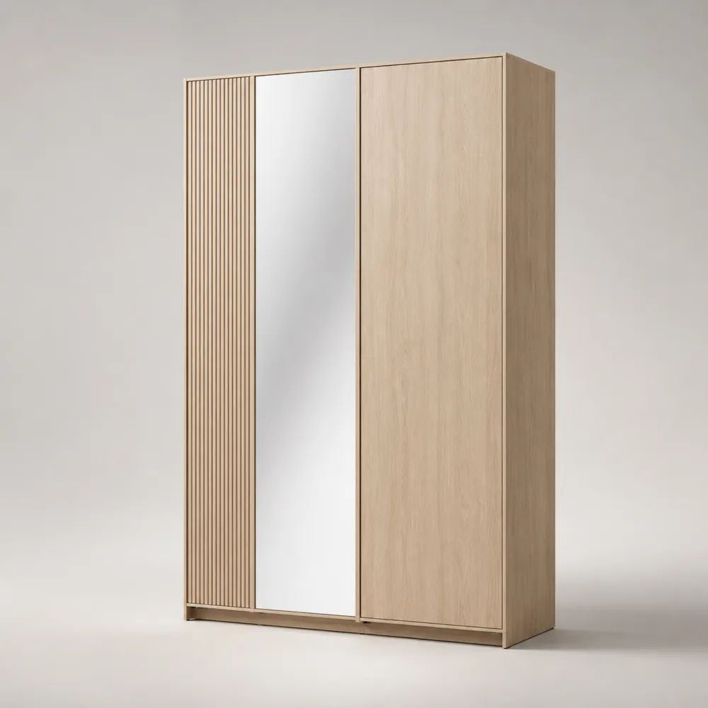 3-türiger Kleiderschrank mit Spiegel aus Spanplatte und MDF, Eiche Natur/Silber, 150 × 200 × 60 cm