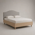 Doppelbett-Bettgestell 160 x 200 cm, Gesamtmaß 168 x 208 x 120 cm, Holz mit gepolstertem Stoff-Kopfteil, Natur/Beige