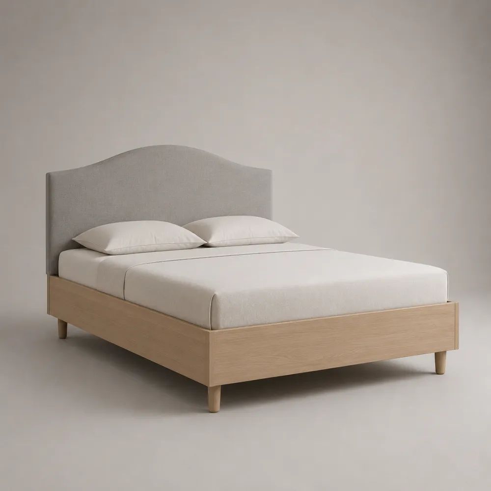 Doppelbett-Bettgestell 160 x 200 cm, Gesamtmaß 168 x 208 x 120 cm, Holz mit gepolstertem Stoff-Kopfteil, Natur/Beige