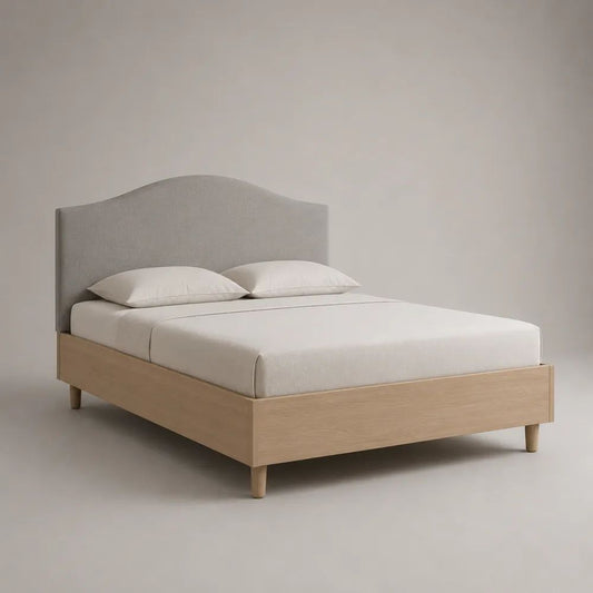 Doppelbett-Bettgestell 160 x 200 cm, Gesamtmaß 168 x 208 x 120 cm, Holz mit gepolstertem Stoff-Kopfteil, Natur/Beige