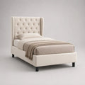 Polsterbett Einzelbett 90 × 200 cm mit Polyesterbezug und Knopfheftung, Beige/Schwarz