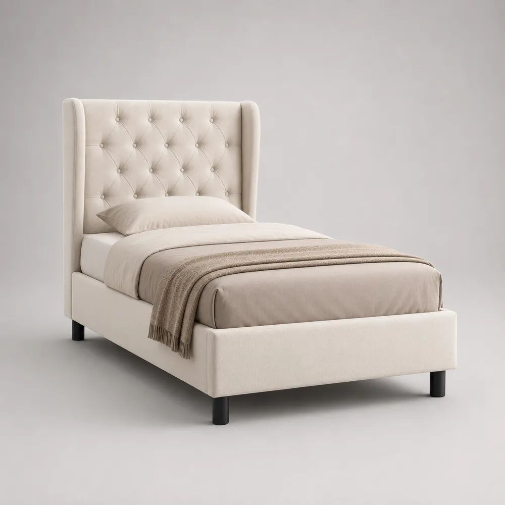 Polsterbett Einzelbett 90 × 200 cm mit Polyesterbezug und Knopfheftung, Beige/Schwarz