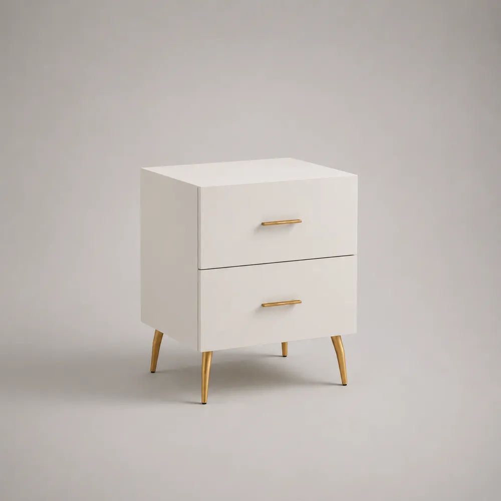 Rechteckiger Nachttisch aus MDF mit 2 Schubladen und Stahlbeinen, Weiß/Gold, 50 × 40 × 60 cm