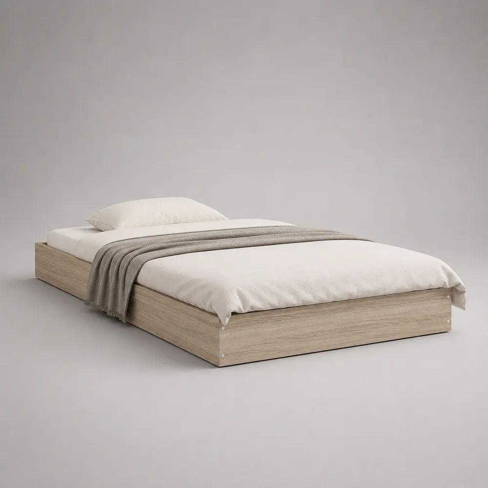 Bettgestell 140 × 200 cm aus melaminharzbeschichteter Spanplatte, Eiche hell, 204 × 144 × 30 cm