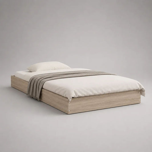 Bettgestell 140 × 200 cm aus melaminharzbeschichteter Spanplatte, Eiche hell, 204 × 144 × 30 cm