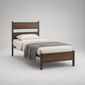 Einzelbett 90 x 200 cm aus Stahl und Spanplatte mit Kopf- und Fußteil, Gesamtmaß 208 x 96 x 120 cm, Schwarz/Braun