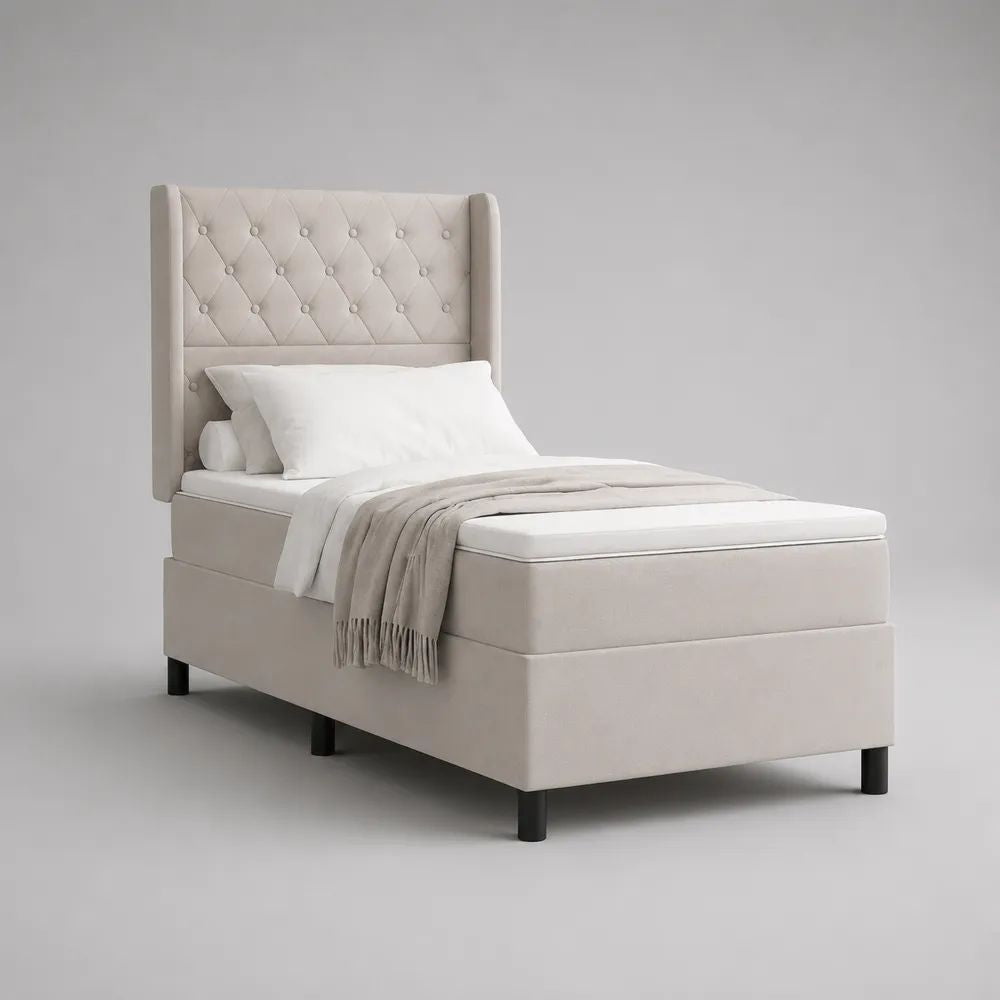 Boxspringbett-Set 90 x 200 cm in Beige mit schwarzen Füßen, Taschenfederkernmatratze, Topper und gepolstertem Kopfteil mit Polyesterbezug