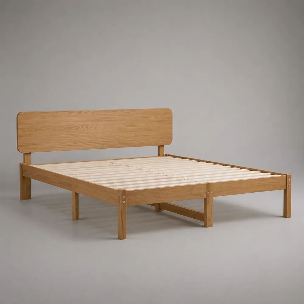 Bettgestell 180 x 200 cm aus massiver Eiche mit Lattenrost und Kopfteil, Naturbraun