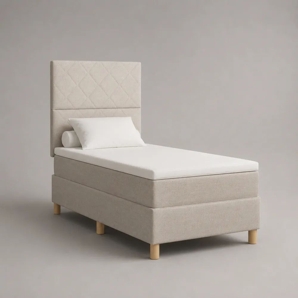 Boxspringbett 90 × 200 cm mit Matratze, Topper und gepolstertem Kopfteil, Stoffbezug, Beige/Natur