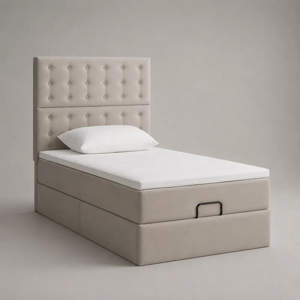 Beiges Polsterbett mit Bettkasten 90 x 200 cm, Einzelbett aus Polyester-Mikrofaser mit Kopfteil und Lattenrahmen