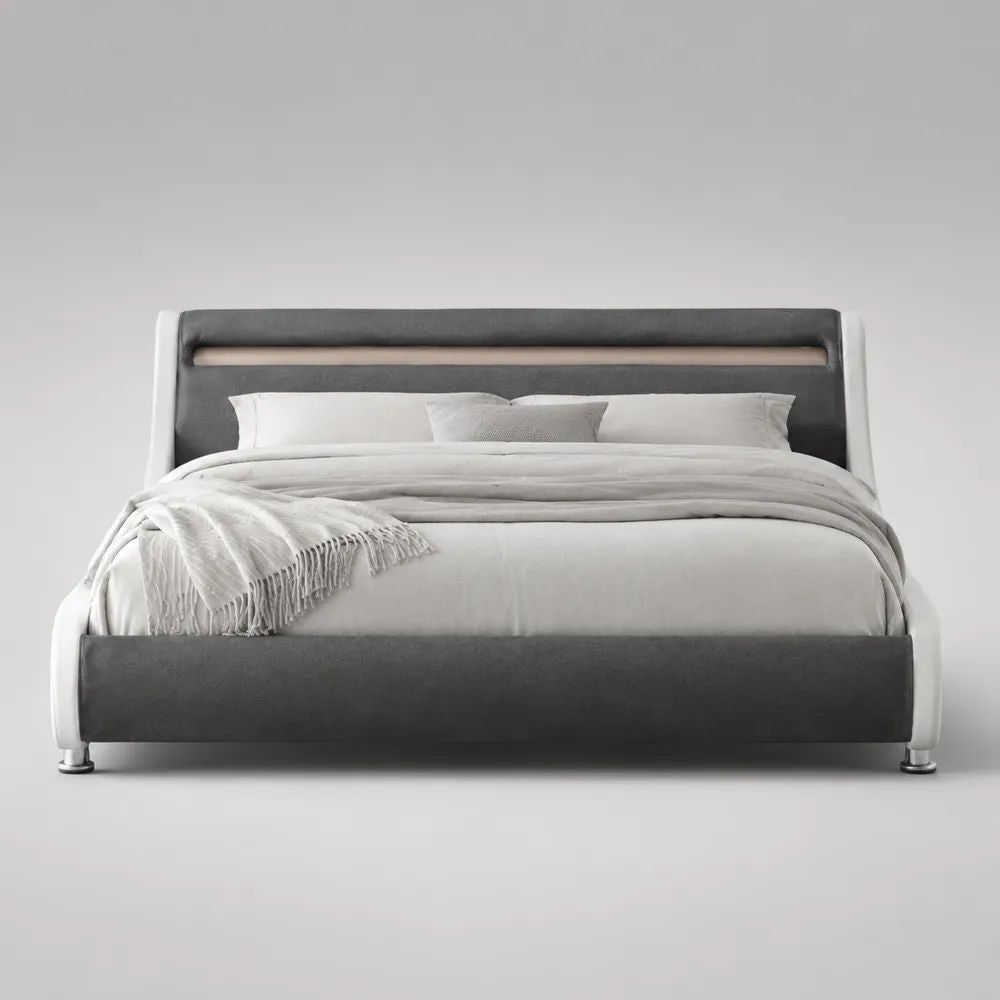 Polsterbett Doppelbett 180 x 200 cm aus Stoff und Kunstleder mit gepolstertem Kopfteil, Grau/Weiß